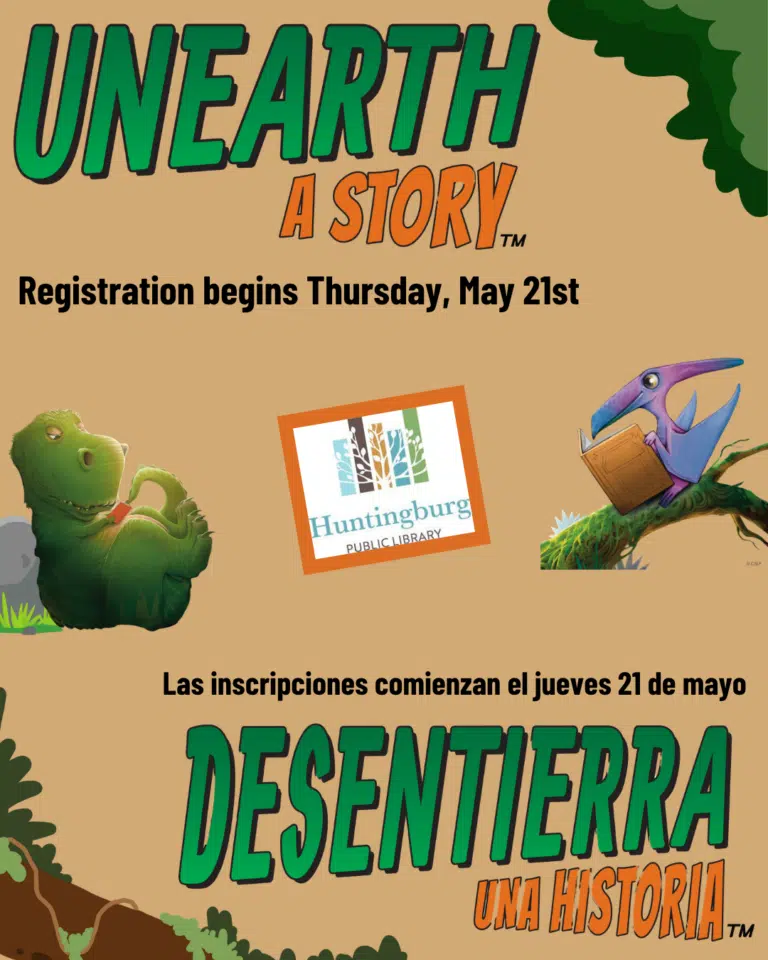 Summer reading poster with cute dinosaurs reading books, and the words UNEARTH A STORY in both English and Spanish.