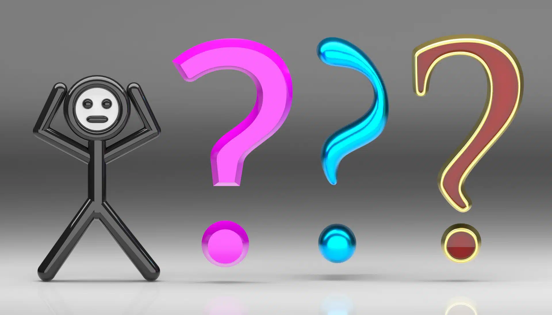 Stick figure man next to colorful question marks.