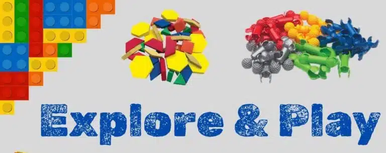 The words EXPLORE & PLAY with legos and building blocks.